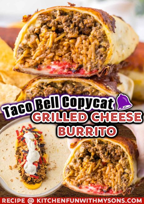 Each Taco Bell Grilled Cheese Burrito is stuffed with seasoned ground beef, Mexican rice, nacho cheese, sour cream, chipotle sauce, and tortilla strips then cooked in shredded cheese. They're addictively easy and delicious! #copycatrecipe #tacobellrecipe #texmex Taco Bell Steak Burrito Recipe, Frito Burrito Taco Bell Recipe, Taco Bell Grilled Cheese Burrito Recipe, Taco Bell Grilled Cheese Burrito, Taco Bell Quesarito Recipe, Cheese Burrito Recipe, Grilled Cheese Burrito, Steak Burrito Recipe, Pesto Sliders