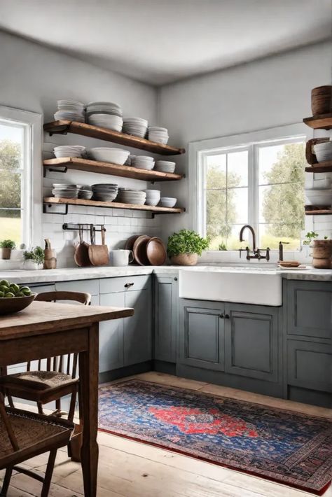 Farmhouse kitchen design with vintage rug and open shelving Kitchen Remodel Open Shelving, Open Shelf Cabinets Kitchen, No Top Cabinets Kitchen, Open Cabinets In Kitchen, Kitchen With Shelves Instead Of Cabinets, Kitchens With No Upper Cabinets Ideas, Open Cabinet Kitchen, Kitchens With No Upper Cabinets, No Upper Cabinets Kitchen