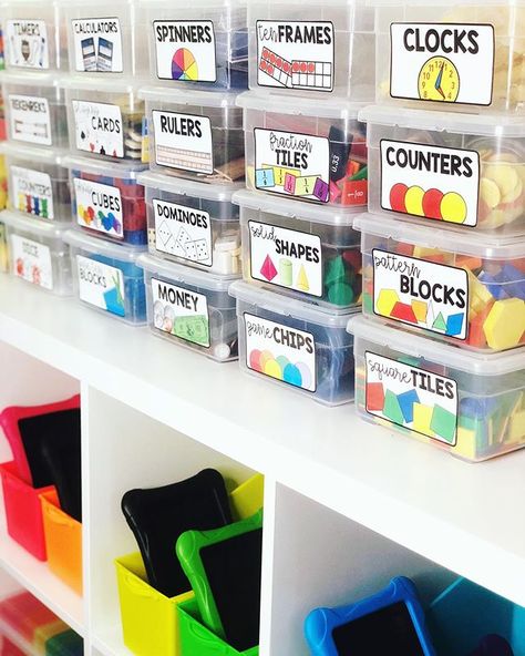 10 Math Center Organization Tips to Save You Hours of Prep Work! - Teaching with Jillian Starr Preschool Organization, Math Manipulative, Classroom Organization Elementary, Teaching Organization, Kindergarten Classroom Decor, Bin Labels, Elementary Classroom Decor, Homeschool Room, Math Manipulatives