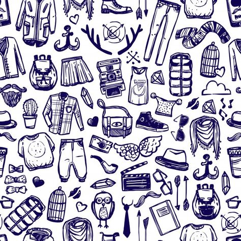 Hipster fashion clothing doodle seamless... | Free Vector #Freepik #freevector #background #pattern #vintage #paper Hipster Doodles, Comunity Manager, Hipster Lifestyle, Black And White Wallpaper Iphone, Hipster Pattern, Fashion Vector, Fashion Background, Vector Sketch, Fashion Illustration Sketches