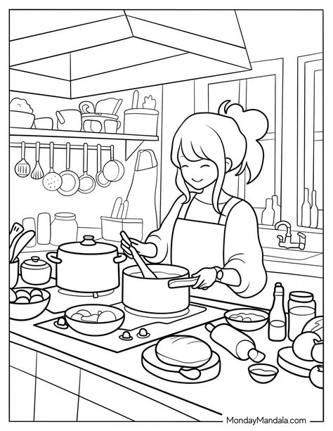 22 Kitchen Coloring Pages (Free PDF Printables) Cosy Colouring Pages, Colouring Pages People, Kitchen Coloring Pages, Ipad Coloring Pages, Sketches Of Men, Coloring Pages Of People, Coloring Pages People, Diy Coloring Books, Fashion Coloring Pages