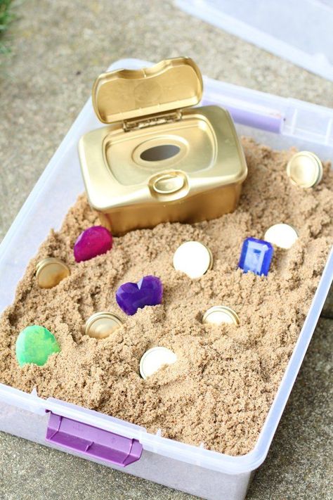 Sand Box Sensory Play, Fill And Dump Activities For Toddlers, Mermaid Sensory Play, Sand Table Ideas, Boat Sensory Bin, Diy Treasure Chest, Preschool Sensory, Treasure Chests, Wipes Container