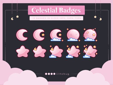 celestial lunar cosmic pink sub badges for twitch streams cute and affordable Twitch Sub Badge Ideas, Twitch Assets, Pink Celestial, Twitch Streaming Setup, Twitch Badges, Adopt Idea, Overlays Cute, Gaming Banner, Twitch Emotes