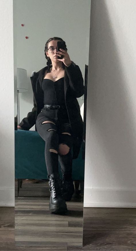 Black Jeans Goth Outfit, Black Demonia Boots Outfit, Goth Jeans Outfit, Ripped Black Jeans Outfit, Demonia Boots Outfit, Demonia Outfit, Black Ripped Jeans Outfit, Black Bodysuit Outfit, Goth Stuff