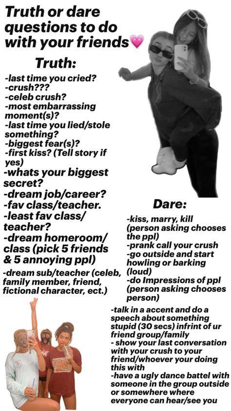 (Sry i couldn’t rlly fit that much i tried to make it as even as i could so don’t mind there is a little more truth options than dare)💗 Dares Over Facetime, Good Dare Ideas, Truth Or Dare Questions Online Chat, Truth Or Dare With Friends, Good Dares For Friends, Truth Or Date Questions, Truth Or Dares For Teenagers, Crazy Truth Or Dare Questions, Risky Truth Or Dare Questions