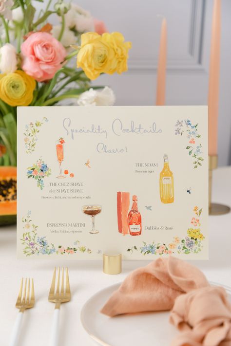 custom wedding cocktails sign by jolly edition Specialty Cocktail Sign, Whimsical Garden Party Wedding, Colorful Table Setting Wedding, Garden Wedding Details, Garden Party Cocktails, Spring Wedding Invites, Wedding Specialty Cocktails, Colorful Flatlay, Garden Party Bar