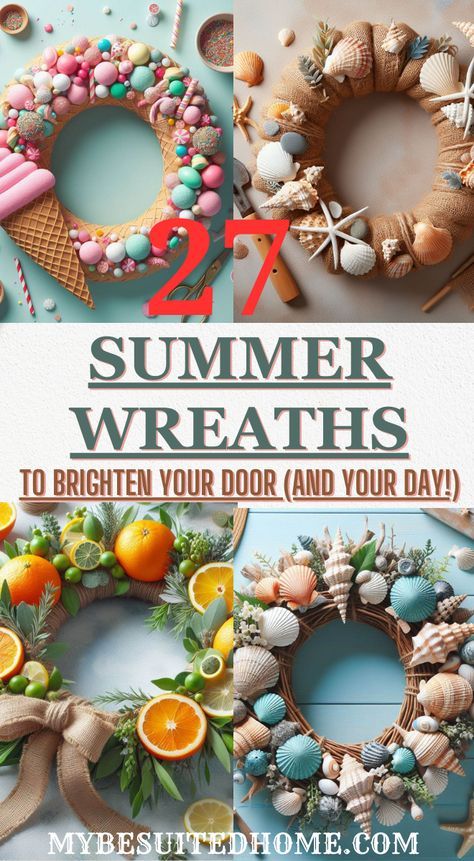 Spruce up your front door and welcome the sunny season with these 27 delightful DIY summer wreath ideas! From seashell accents and beachy vibes to vibrant florals and playful motifs, this list offers endless inspiration for creating a unique and cheerful wreath that reflects your summer spirit. #summerwreathdiy
#summerwreathdesigns
#diydoorwreathforsummer
#summerwreathcrafts
#easydiysummerwreath
#summerwreathdecor
#frontdoorwreathsummer
#summervibeswreath
#summervreathinspiration Diy Summer Wreaths For Front Door, Summer Door Wreaths Diy, Summer Wreaths For Front Door Diy, Unique Wreath Ideas, Beachy Wreath, August Wreath, Diy Summer Wreaths, Summer Wreath Ideas, Diy Summer Wreath