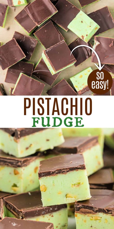 Pistachio Fudge requires no candy thermometer or special fudge making skills! Pudding mix adds instant pistachio flavor to this delicious and easy homemade fudge recipe. What To Do With Pistachio Pudding, Pistachio Pudding Truffles, Pistachio Candy Recipes, Pistachio Jello Dessert, Pistachio Brittle Recipe, Pistachio Fudge Recipe Easy, Recipes With Pistachio Paste, Pistachio Pudding Recipes, Bob Bons