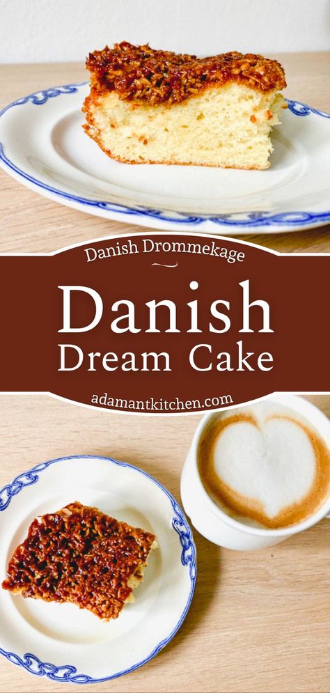 homemade Danish dream cake slice on a plate next to a homemade latte Danish Drommekage, Danish Vegetable Recipes, Danish Dessert Recipes Denmark, Danish Dream Cake Milk Street, Danish Cake Recipe, Danish Desserts Traditional, Danish Dream Cake 12 Tomatoes, Danish Cream Cake, Danish Dinner Recipes