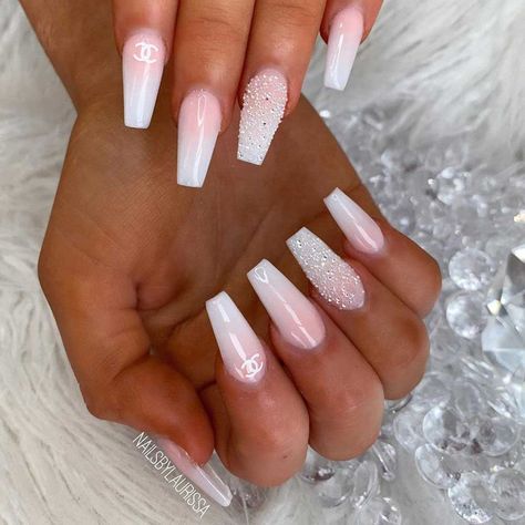 French Fade With Accent Nail, Pink And White Ombre Nails Coffin With Rhinestones, Trendy French Tip Nails Coffin White, Bride Toenails, Short Ballerina Nails Designs Ideas, Short White Acrylic Nails With Diamonds, Confirmation Nail Ideas, White Nails With Jewels, White Glam Nails