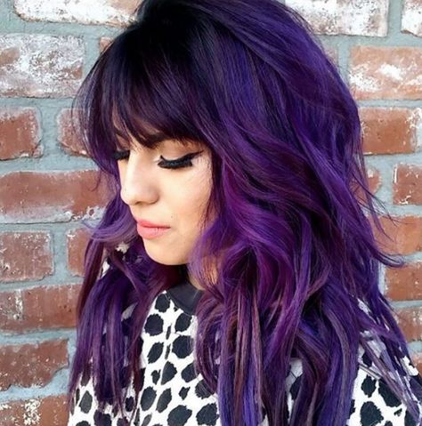 Layered purple hair with shaggy bangs Layered Purple Hair, Purple Hair With Bangs, Shaggy Bangs, Hair Growth Challenge, Long Hair Trends, Bob Hair Color, Dark Purple Hair, Best Hair Dye, Boring Hair