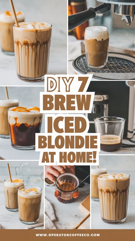 The 7 Brew Iced Blondie you see all over TikTok is finally here! 🍹☕ Make this easy, homemade iced coffee and bring the 7 Brew aesthetic to your day. Featuring Blondie Syrup, Caramel Sauce, Half & Half, and Espresso Shots, it’s perfect for summer, fall, or any time! Learn how to order or make it yourself 😋💁‍♀️ #7BrewCoffee #BlondieSyrup #LightIce #ViralRecipes #7BrewAtHome Espresso Recipes Iced, Nescafé Gold Blonde Espresso Recipes, 7brew Coffee Recipes, 7 Brew Iced Blondie Recipe Coffee, Brewed Coffee Recipes, 7brew Recipes, Iced Espresso Drinks At Home, Homemade Iced Coffee Recipe Easy, 7 Brew Coffee Recipes