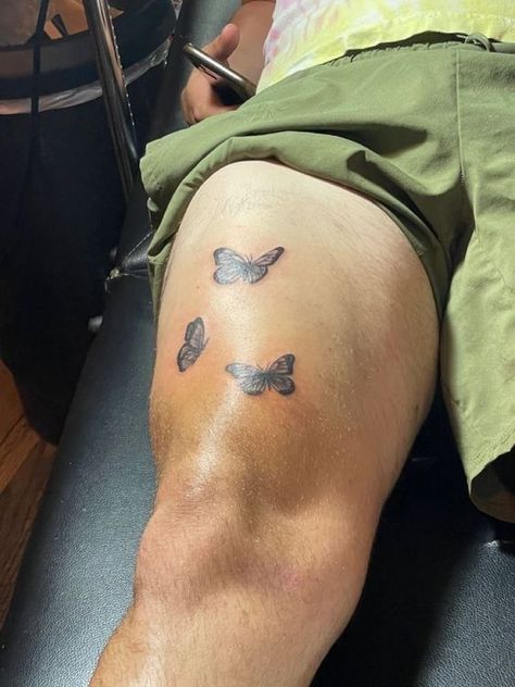 Discover Men’s Cute Butterfly Tattoo Ideas & Stylish Ink Inspirations Tattoo Ideas For Men On Thigh, Guy Butterfly Tattoo, Butterfly Tatoos Men, Butterfly Knee Tattoo Men, Tattoo Ideas For Men Butterfly, Men’s Simple Butterfly Tattoo, Masculine Butterfly Tattoo, Tattoo Thigh Ideas, Men Butterfly Tattoo