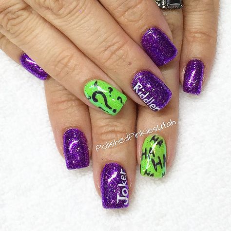 25 Batman Villain Nail Looks That Would Make Even the Dark Knight Shiver Joker Nails Simple, The Joker Nails Designs, Joker Nails Designs Simple, Joker Themed Nails, Joker Nails Acrylic, Riddler Nails, Joker Inspired Nails, Batman Acrylic Nails, Disney Villains Nails