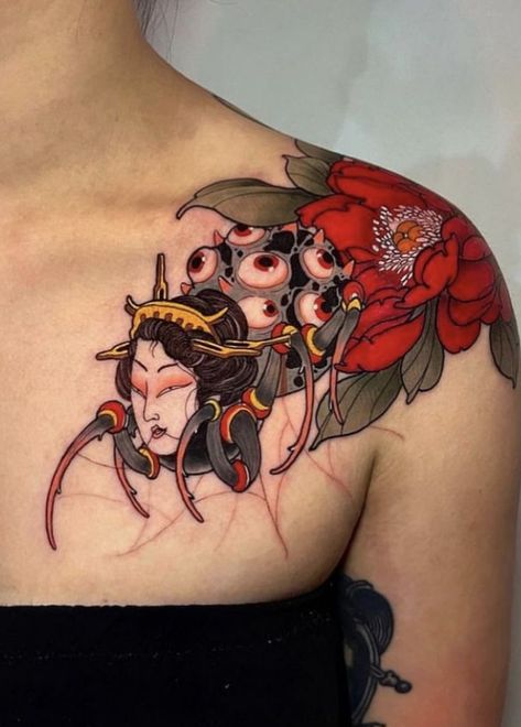 Spider Tattoo Traditional, Traditional Japanese Tattoo Flash, Japanese Tattoo Women, Traditional Tattoo Flowers, Getting A Tattoo, Spider Tattoo, Traditional Japanese Tattoos, Asian Tattoos, Horror Tattoo