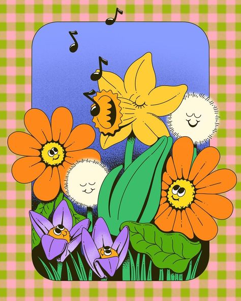 Lauren Martin on Instagram: “Flowers, I love you but you’re making me sneeze 🤧 glad we’re seeing signs of spring though! 🌸💐🌷 Image description: a daffodil sings with…” Singing Illustration, Lauren Martin, Walking Cartoon, Perfect Playlist, Music Flower, Lino Art, Ceramic Decoration, Signs Of Spring, Instagram Flowers