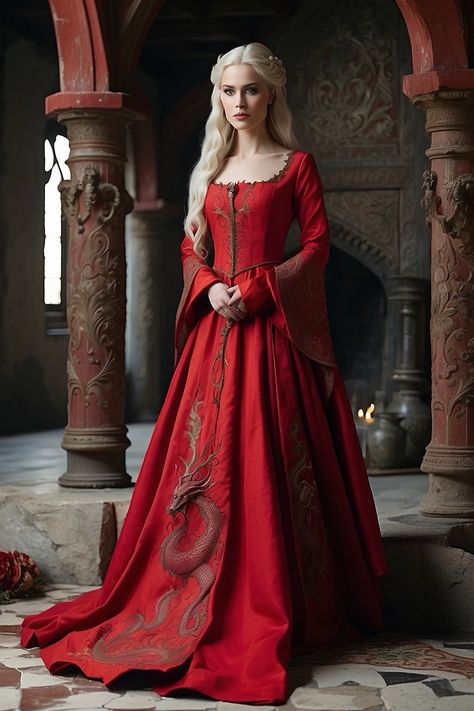 Red Fantasy Gown, Queen Dress Royal Medieval, Queen Outfits Royal Medieval, Red Medieval Dress, Queen Outfits Royal, Game Of Thrones Dress, Celebrity Brides, Game Of Thrones Outfits, Queen Outfits