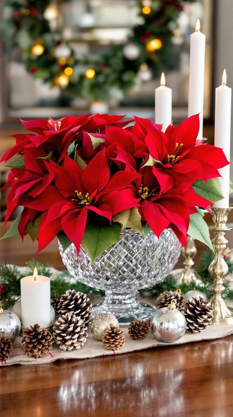 christmas_centerpiece_with_poinsettias Pointsetta Decorations Decorating Ideas, Poinsettia Tablescape, Poinsettia Decorating Ideas, Christmas Floral Centerpieces, Poinsettia Arrangement, Poinsettia Centerpiece, Poinsettia Plant, Xmas Home Decor, Home Decor Diy Ideas