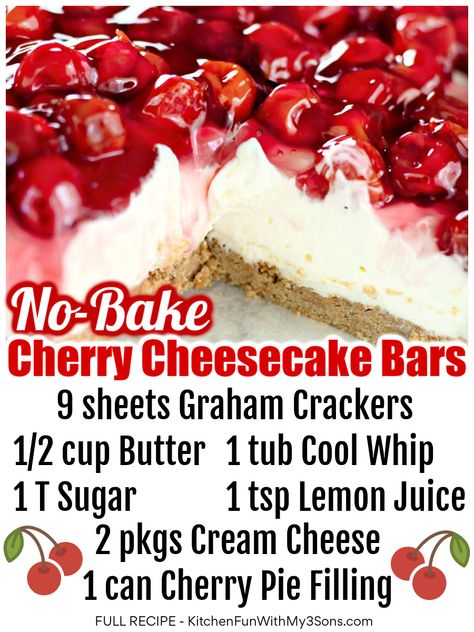 No Bake Cool Whip Cheesecake, Desert Potluck, Cherry No Bake Cheesecake, Whipped Cheesecake No Bake, Cherry Yum Yum Recipe With Cool Whip, No Bake Cheesecake With Cool Whip, No Bake Cherry Cheesecake Bars, Cherry Cheesecake Delight, No Bake Cherry Cheesecake Recipes