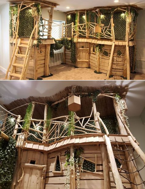 The Evening Woodworker, he has recently built an amazing two-story indoor treehouse in the basement of his house for his children. Tree House Bedroom For Boys, Tree House Playroom, Basement Treehouse, Jurassic Park Bedroom Ideas, Tree House Ideas For Kids, Indoor Treehouse Playroom, Two Story Bedroom, Treehouse Playroom, Indoor Clubhouse