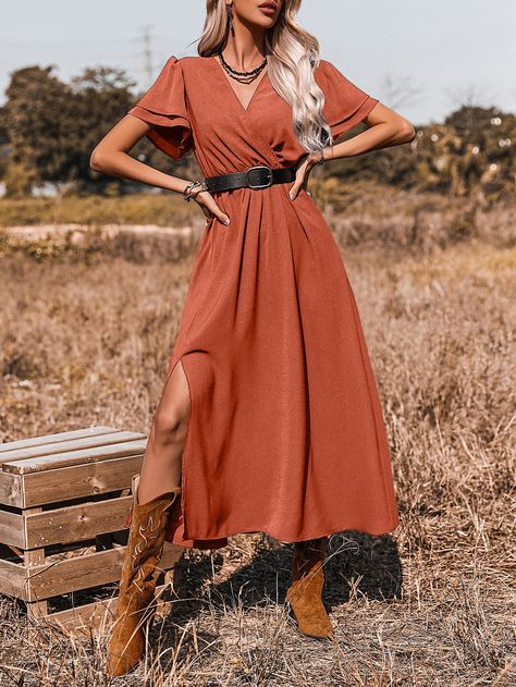 Surplice Front Split Thigh A-line Dress Without Belt Black Western Outfit, Long Sleeve Flowy Dress, Rodeo Dress, Peach Color Dress, Western Dresses For Women, Butterfly Sleeve Dress, Floral Prom Dresses, Western Outfits Women, Maxi Shirt Dress