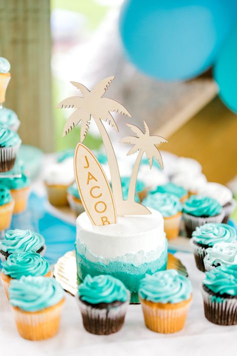 The Big One Surf Birthday Cupcakes, Surf First Birthday Cake, The Big One Birthday Food Ideas, The Big One Surf Smash Cake, The Big One Cupcake Ideas, Beachy First Birthday Party, The Big One Dessert Table, Surf Cake Pops, The Big One Wave Birthday