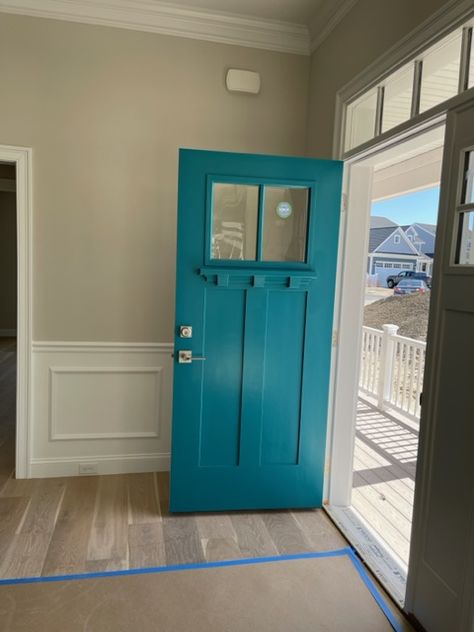 Front Door in Pacific Ocean Blue! Let me know what you think! Benjamin Moore Painting, Pacific Ocean Blue, Coastal Color Palette, Yellow Doors, Exterior Paint Color, Coastal Colors, Red And Yellow, Pacific Ocean, Ocean Blue