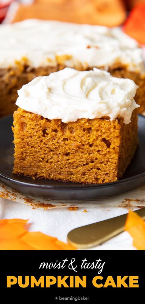 The best ever Pumpkin Cake is tender, moist, wonderfully delicious and fall-spiced! Topped with cream cheese frosting, this cake is a crowd favorite! | Recipe at BeamingBaker.com Best Pumpkin Cake With Cream Cheese Frosting, Frosting For Pumpkin Cake, Pumpkin Cake With Cream Cheese Frosting, Beaming Baker, Pumpkin Cake With Cream Cheese, Thanksgiving Goodies, Pumpkin Cake Recipes, Pumpkin Spice Cake, Cake With Cream Cheese Frosting