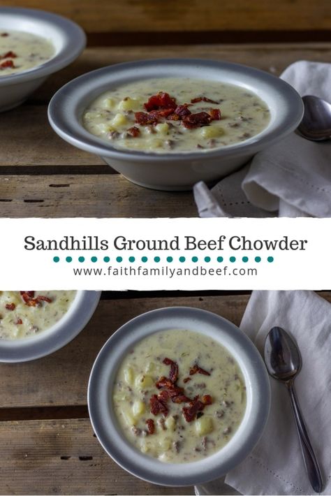 Sandhills Ground Beef Chowder - a delicious Midwestern spin on the classic New England clam chowder. New England Clam Chowder, Nourishing Foods, Broth Recipes, Soup Dinner, Clam Chowder, What's For Breakfast, Easy Snack Recipes, Delicious Dinner Recipes, Pressure Cooker Recipes