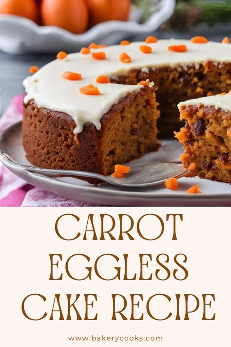 This eggless carrot cake is a moist and flavorful dessert, made with finely grated carrots, warm spices, and a hint of vanilla. The cake is sweetened naturally and achieves its rich texture without eggs, making it a perfect treat for all. Carrot Cake Eggless, Desert Without Eggs, Egg Free Carrot Cake, Eggless Carrot Cake Recipe, Carrot Cake Ice Cream, Eggless Carrot Cake, Cake Recipes Without Eggs, Sweet Carrots, Egg Free Baking