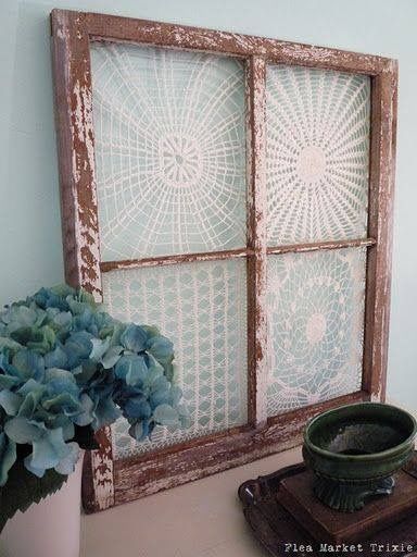 What a beautiful way to display grandma's doilies! Framed Doilies, Lace Diy Projects, Old Window Frames, Doily Art, Window Crafts, Old Window Frame, Doilies Crafts, Decoration Shabby, Window Projects