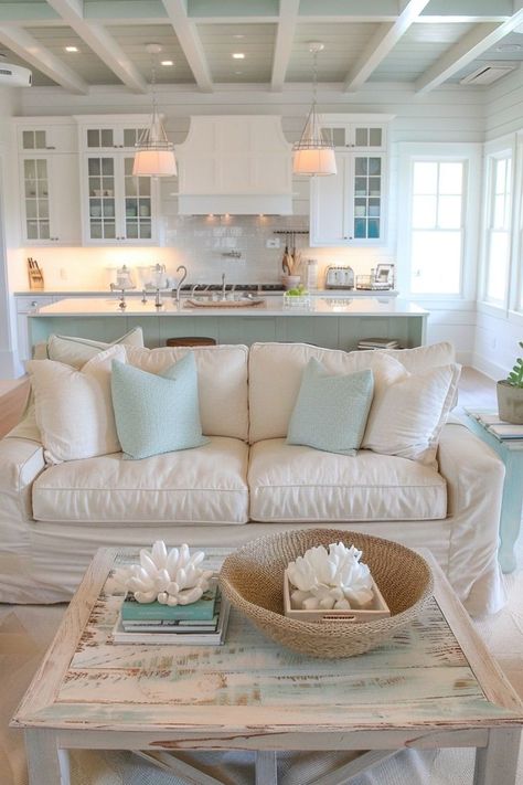 Get inspired with these gorgeous beach cottage designs! From exteriors to cozy decor, we've got you covered. Coastal Modern Living Room, Beach Cottage Living Room, Cozy Coastal Living Room, Coastal Farmhouse Design, Coastal Cottage Decorating, Beach Living Room, Beach House Interior Design, Cottage Interior, Cottage Living Rooms