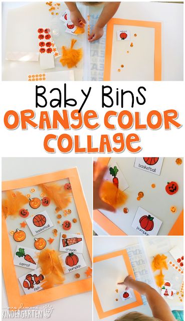 This orange color collage is great for learning the color orange and it is a completely baby safe craft. Plus there's no glue required so no sticky mess or glue eating to clean up! Baby Bins are perfect for learning with little ones between 12-24 months old. Color Activities For Toddlers, October Lessons, The Color Orange, Orange Craft, Orange Theme, Preschool Colors, Color Plan, Color Collage, Preschool Themes