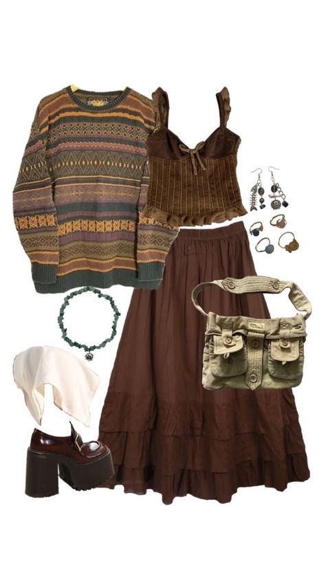 Outfit inspo #outfitideas #outfitinspo #iamabaldman #fyp #f4f #vintage #granolagirl #granolaaesthetic #granola #grunge #granolagrunge #lebsian Fawncore Outfit, Fairy Winter Outfits, Warm Aesthetic Outfit, Fox Inspired Outfit, Fairy Outfits Aesthetic, Skirt Layering Outfit, Hippie Style Clothing Winter, Layered Clothes Aesthetic, Layering Outfits Aesthetic