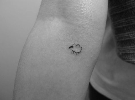 Tiny minimalist sheep tattoo on the inner forearm. Fineline Sheep Tattoo, Once Lost Sheep Tattoo, Dainty Sheep Tattoo, Minimalist Sheep Tattoo, One Lost Sheep Tattoo, Tiny Sheep Tattoo, Sheep Tatoos, Sheep Line Art, Vegan Tattoo Minimalist