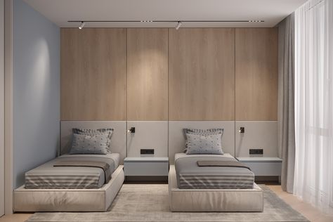 architecture interior design 3d max CG visualization Bezmirno Modern Design minimal design contemporary interior Minotti Hostel Room Design, Decor Christmas Home, Home Decor Aesthetic, Hotel Room Design, Aesthetic Home Decor, Large Beds, Soft Sofa, Twin Bedroom, Residential Complex