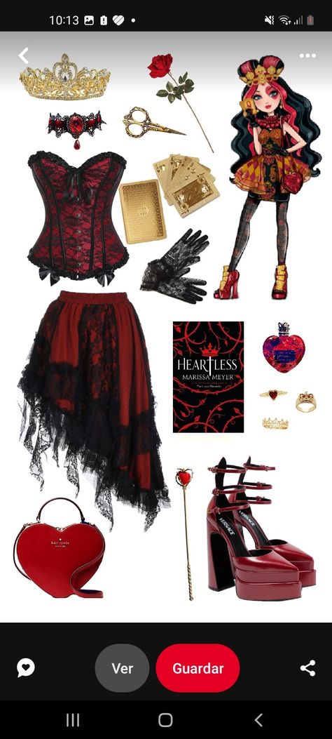 Queen Of Hearts Cosplay Diy, Ever After High Outfits Inspiration, Queen Of Hearts Aesthetic Outfits, Queen Of Hearts Costume Ideas, Queen Of Hearts Inspired Outfits, Spooky Fits, Heartless Book, Queen Of Hearts Halloween Costume