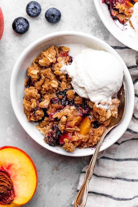 Blueberry Peach Crumble Peach Berry Crumble, Triple Berry Crisp, Berry Crisp Recipe, Popular Desserts Recipes, Berry Crisp, Peach Crumble, Tastes Better From Scratch, Peach Blueberry, Berry Crumble