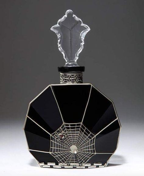 1930 Black Crystal Bottle With Clear Stopper,Mounted With A Silver Metal Spider Web, By Joseph Schmidt. Art Deco Perfume, Czech Art, Ivy House, Crystal Perfume Bottles, Baccarat Crystal, Beautiful Perfume, Perfume Atomizer, Vintage Perfume Bottles, Scent Bottle