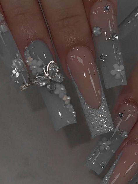 Nails Ideas For Quinceanera, Birthday Nails With Butterflies, Acrylic Nails Coffin With Charms, Indian Nails Wedding, Milky Grey Nails, Acrylic Nails Coffin Blue, Nails Design Y2k, January Birthday Nails, Nail Ideas Birthday