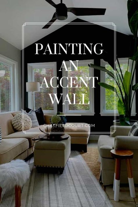 Painting an accent wall in a small sunroom with Benjamin Moore Wrought Iron paint. A simple way to add a feature wall and highlight a a beautiful view. Painting An Accent Wall, Paint Accent Wall, Small Room Paint, Benjamin Moore Wrought Iron, Black Accent Wall, Wrought Iron Paint, Luxury Painting, Small Sunroom, Bohemian Painting