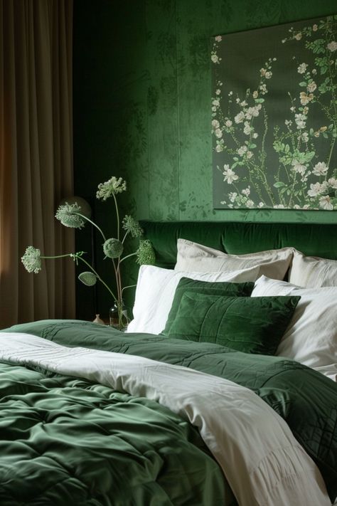 A cozy bedroom with dark green walls, green bedspread, white pillows, and a floral wall art. Dark Green Headboard Bedroom, Green And Brass Bedroom, Velvet Green Bed, Dark Green Headboard, Green Velvet Bedroom Ideas, Green Headboard Bedroom, Green Academia Bedroom, Green Headboard Bedroom Ideas, Green Modern Bedroom