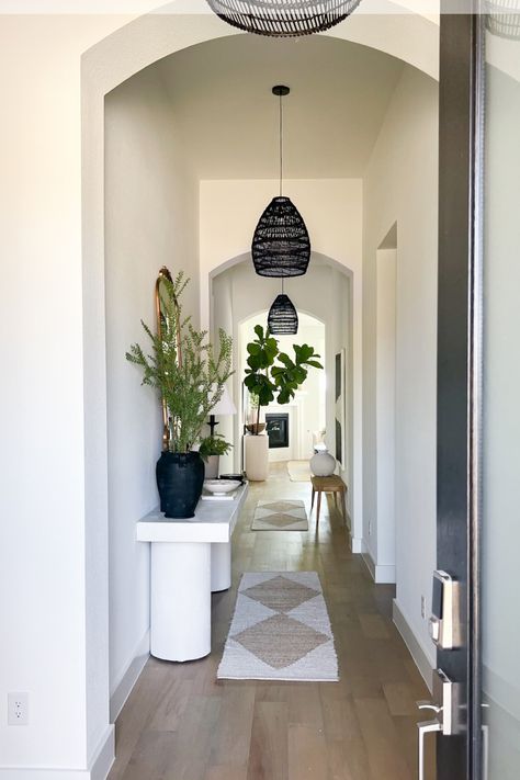 Long Hallway Light Fixtures, Entryway Long Hallway, Hallway Ideas Long, Long Hallway Entryway Ideas, Long Hallway Decorating Entry Ways, Long Foyer Ideas Entryway, Long Entry Hallway Ideas, Long Hallway Wall Decor Ideas, Alexa Elizabeth