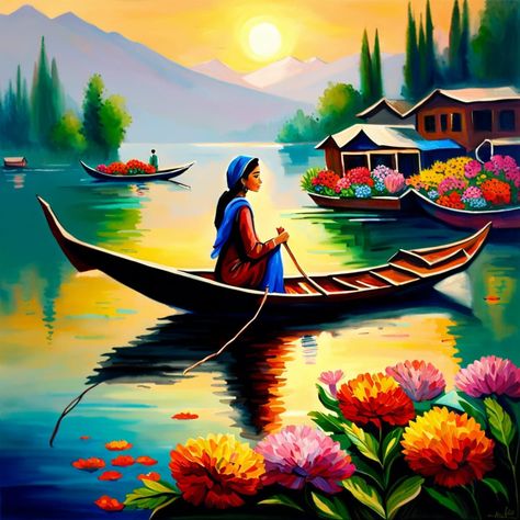 Dal Lake Kashmir Kashmir Illustration, Kashmir Drawing, Kashmir Painting, Dal Lake Kashmir, Beautiful Scenery Paintings, Peaceful Backgrounds, Saraswati Painting, Country Pics, Students Drawing