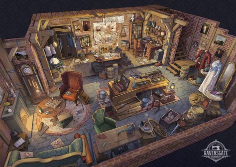 Medieval Tailor Shop, Medieval Shop Interior, Feng Zhu Design, Interior Concept Art, Feng Zhu, Hidden Room, Fantasy Shop, Fantasy Rooms, Building Concept