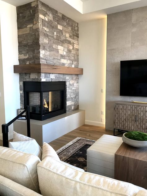 Corner Glass Fireplace Ideas, Open Corner Fireplace, Square Corner Fireplace, High Fireplace Wall, Corner Fireplace With Shelves, Fireplace Corner Living Room, Corner Chimney Living Room, L Shaped Fireplace, Corner Fireplace Ideas Farmhouse