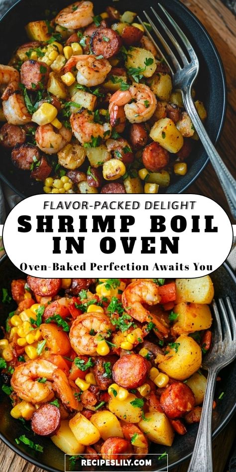 I love how easy it is to whip up this Shrimp Boil in the Oven! It's a delightful mix of shrimp, sausage, potatoes, and corn, all baked to perfection. The flavors meld beautifully, making it a perfect dish for any gathering or weeknight dinner. Give it a try and enjoy a taste of summer! Shrimp Boil Oven Bake, Seafood Bake Recipes Ovens, Shrimp And Red Potatoes Recipes, Shrimp Corn Potatoes Foil Packets, Crab Boil In Oven, Shrimp Foil Packets For The Oven, Cast Iron Shrimp Recipes, Shrimp In The Oven Recipes, Seafood Boil In Oven Foil Pan