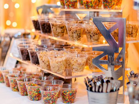 Breakfast Weddings Are the Best | Love is in the air—no wait—that’s just bacon Brunch Cereal Bar, Cereal Bars Wedding, Cereal Bar Wedding Receptions, Breakfast Wedding Reception Food Stations, Cereal Wedding Bar, Baby Shower Brunch Cereal Bar, Cereal Bar Birthday Party, Cereal Bar At Wedding, Breakfast Bar Party Ideas