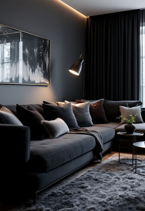 Dark Grey Couch Living Room Ideas Living Room Ideas For Men, Grey Couch Living Room Ideas, Dark Grey Couch, Velvet Couch Living Room, Dark Grey Couch Living Room, White Living Room Ideas, Dark Grey Couches, Cozy Apartment Living Room, Couch Living Room Ideas