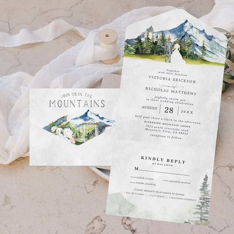 Rustic Mountain Wedding All In One Wedding Invite #zazzle #weddinginvitations #birthdayinvitations #babyshowerinvitations #zazzleinvitations #monogram #businesscards #graduation #homedecor Popular Wedding Invitations, Custom Wedding Map, Rustic Mountain Wedding, Illustrated Wedding Invitations, Wedding Announcement Cards, Nature Inspired Wedding, Wedding Map, Rustic Invitations, Rsvp Wedding Cards